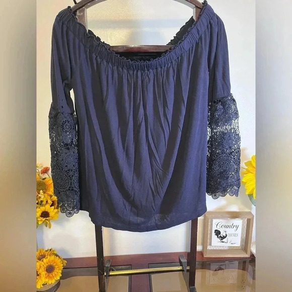 LOFT women's large navy lace bell sleeve off shoulder blouse casual stretch - Picture 1 of 5
